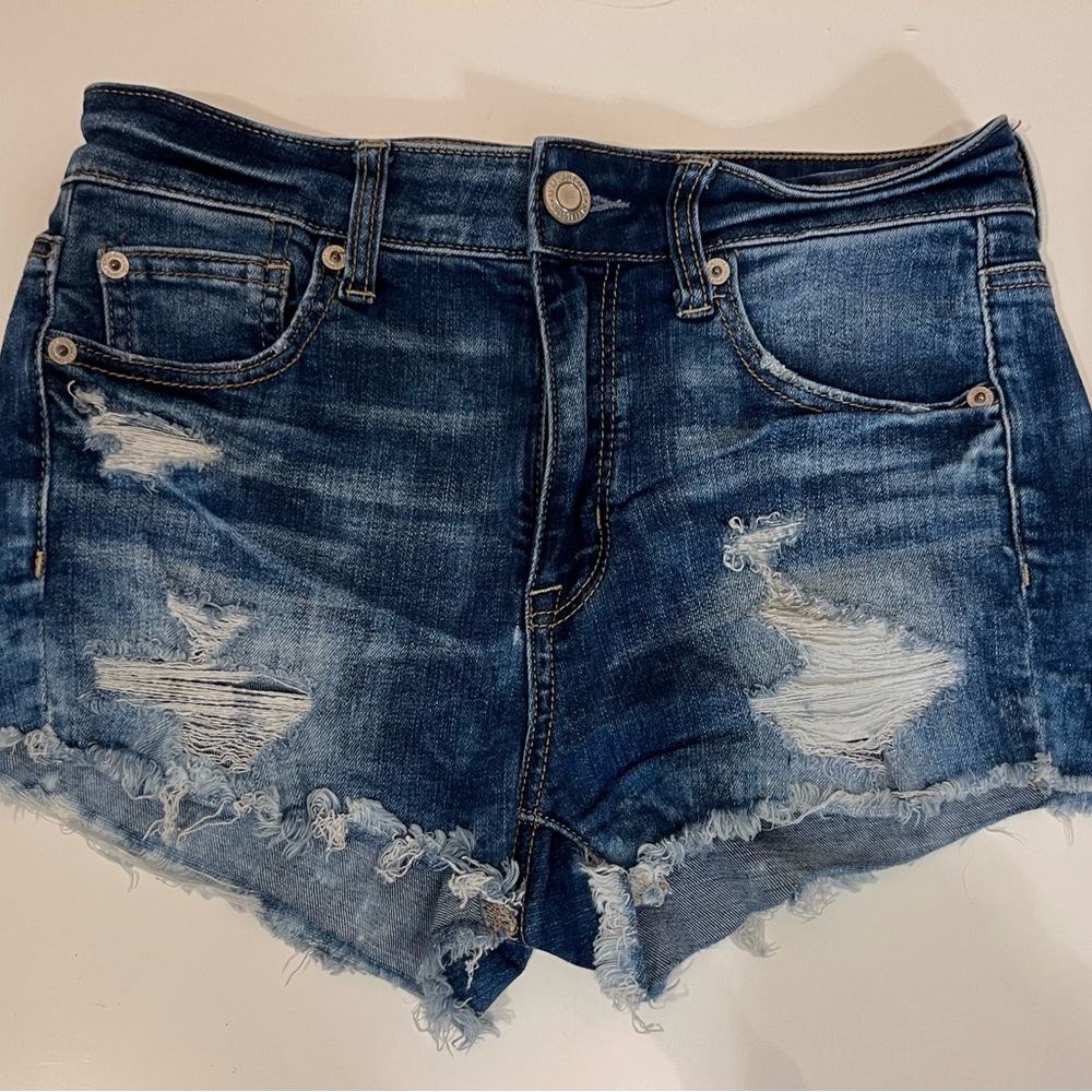 Blue Distressed Jean Shorts with Frayed Hem